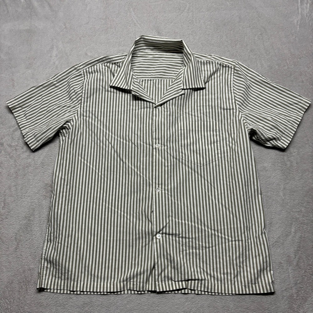 Buck Mason Shirt Mens XL Natural Sage Ticking Stripe Wornwell Camp Collar EUC